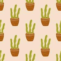 Seamless pattern with green cactus in a pot. Vector