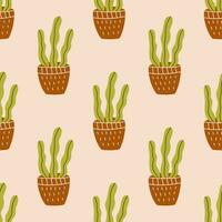 Seamless pattern with green cactus in a pot. Vector