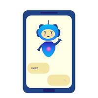 Chatbot on phone greets and waves. Vector