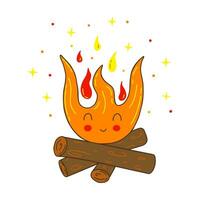 Burning cozy cute bonfire with firewood. Vector campfire