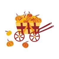 Wooden cart with pumpkins. Vector hand drawn