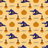 Seamless pattern. Witch hats, pumpkins, potion. Vector cartoon