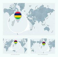 Magnified Mauritius over Map of the World, 3 versions of the World Map with flag and map of Mauritius. vector