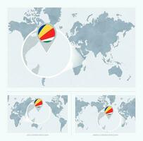 magnificado seychelles terminado mapa de el mundo, 3 versiones de el mundo mapa con bandera y mapa de seychelles vector