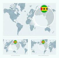 Magnified Sao Tome and Principe over Map of the World, 3 versions of the World Map with flag and map of Sao Tome and Principe. vector