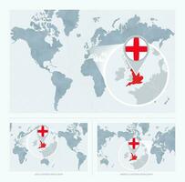 Magnified England over Map of the World, 3 versions of the World Map with flag and map of England. vector