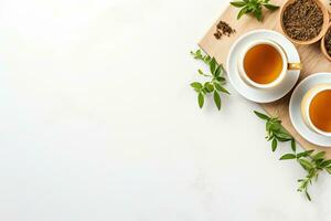 Green tea in a white teapot and cups on white background top view with copy space. Generative AI photo