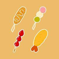 Japanese street foods vector illustration fruit candied corndog ebi furai hanami dango