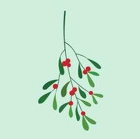 Mistletoe branch illustration flat vector in cartoon style isolated on light blue background. Merry Christmas. For Christmas cards, banners, tag, labels, background.