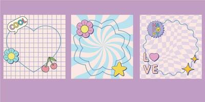 Templates with patches and stickers in 90s style.Modern emblems in y2k aesthetic with chess and spiral backgrounds.Funky designs for banners,social media marketing,branding. Vector illustration