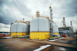 modern petrochemical plant with reactors and converters under heavy sky with copy space. Generative AI photo