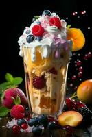 milkshake in a clear glass of fruit in the background with milk splashes and drops photo