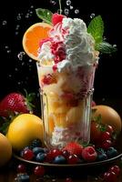 milkshake in a clear glass of fruit in the background with milk splashes and drops photo