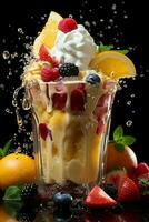 milkshake in a clear glass of fruit in the background with milk splashes and drops photo
