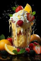 milkshake in a clear glass of fruit in the background with milk splashes and drops photo