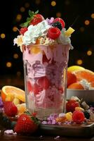 milkshake in a clear glass of fruit in the background with milk splashes and drops photo