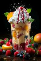 milkshake in a clear glass of fruit in the background with milk splashes and drops photo