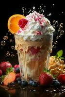 milkshake in a clear glass of fruit in the background with milk splashes and drops photo