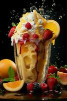 milkshake in a clear glass of fruit in the background with milk splashes and drops photo