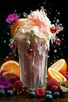 milkshake in a clear glass of fruit in the background with milk splashes and drops photo