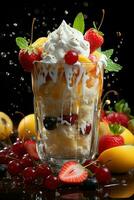 milkshake in a clear glass of fruit in the background with milk splashes and drops photo