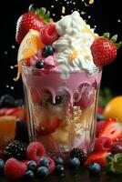 milkshake in a clear glass of fruit in the background with milk splashes and drops photo