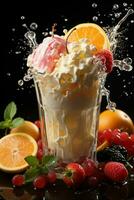 milkshake in a clear glass of fruit in the background with milk splashes and drops photo