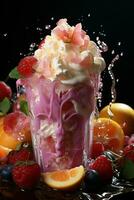 milkshake in a clear glass of fruit in the background with milk splashes and drops photo