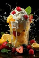 milkshake in a clear glass of fruit in the background with milk splashes and drops photo