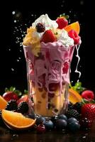 milkshake in a clear glass of fruit in the background with milk splashes and drops photo