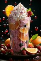 milkshake in a clear glass of fruit in the background with milk splashes and drops photo