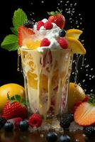 milkshake in a clear glass of fruit in the background with milk splashes and drops photo