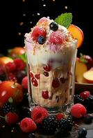 milkshake in a clear glass of fruit in the background with milk splashes and drops photo