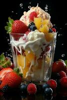 milkshake in a clear glass of fruit in the background with milk splashes and drops photo