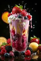 milkshake in a clear glass of fruit in the background with milk splashes and drops photo