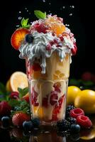 milkshake in a clear glass of fruit in the background with milk splashes and drops photo