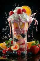 milkshake in a clear glass of fruit in the background with milk splashes and drops photo