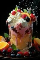 milkshake in a clear glass of fruit in the background with milk splashes and drops photo