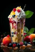 milkshake in a clear glass of fruit in the background with milk splashes and drops photo