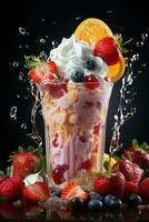 milkshake in a clear glass of fruit in the background with milk splashes and drops photo