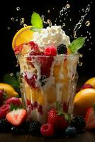 milkshake in a clear glass of fruit in the background with milk splashes and drops photo