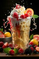 milkshake in a clear glass of fruit in the background with milk splashes and drops photo