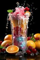 milkshake in a clear glass of fruit in the background with milk splashes and drops photo