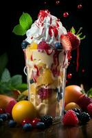 milkshake in a clear glass of fruit in the background with milk splashes and drops photo
