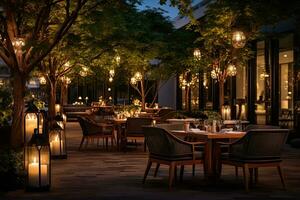 Luxury restaurant with tables and chairs in the evening. Restaurant exterior.  Generative AI photo