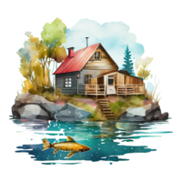 acuarela pescar presentar, casa en el lago ilustración. ai generativo png