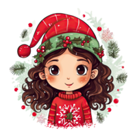 Cute cartoon girl, Santa Claus hat, Merry Christmas watercolor illustration, isolated background. AI Generative png