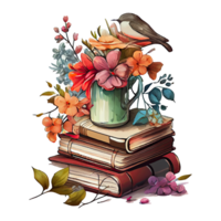 Watercolor stack of books with a flower vase illustration. AI Generative png