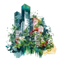 Urban Jungle, city, skyscrapers with lush foliage, cityscape design png