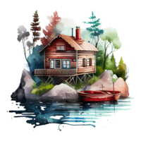 Watercolor fishing lodge, house on the lake illustration. AI Generative png